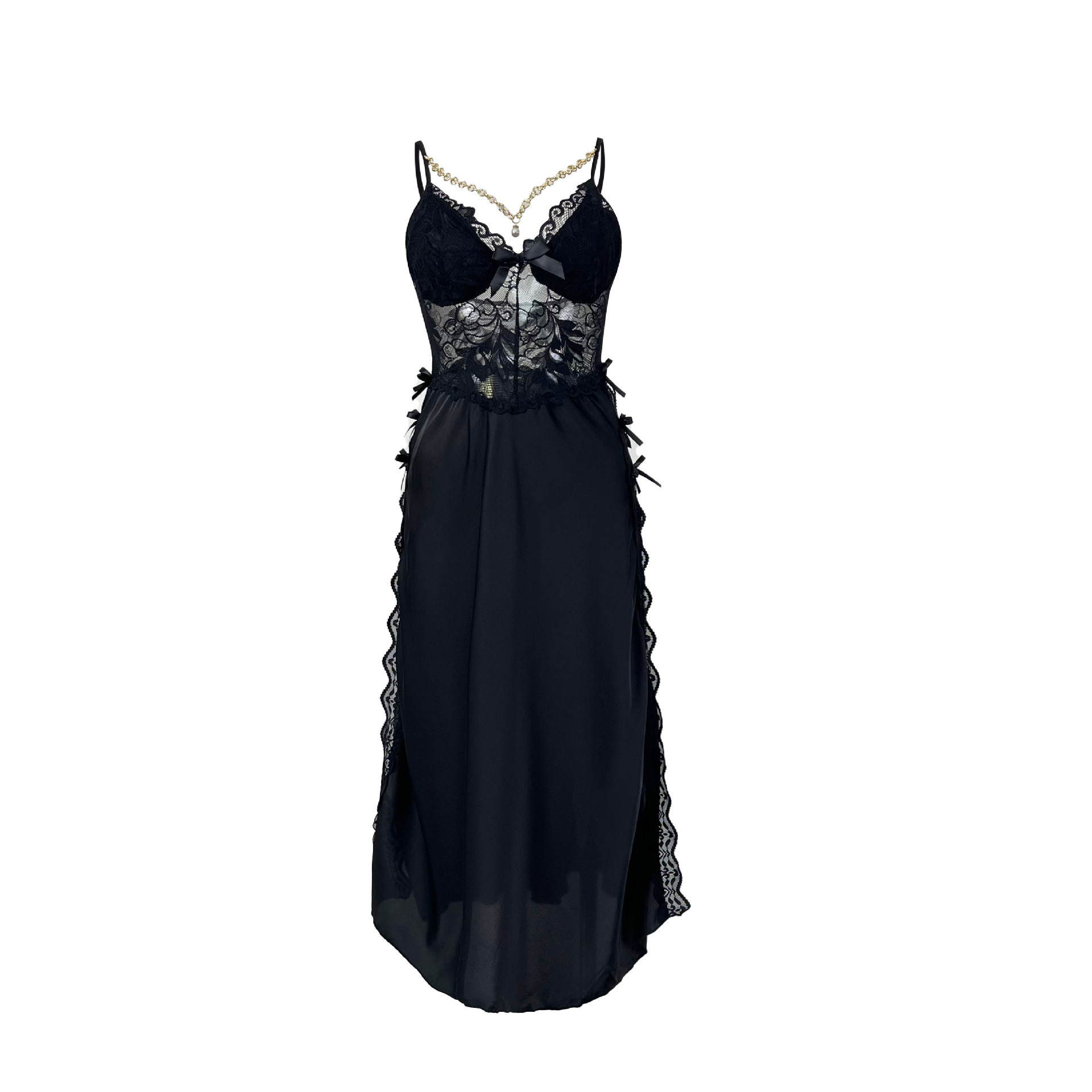 Wine & Beer Guayaquil - Women Black Lace Satin Midi Nightgown